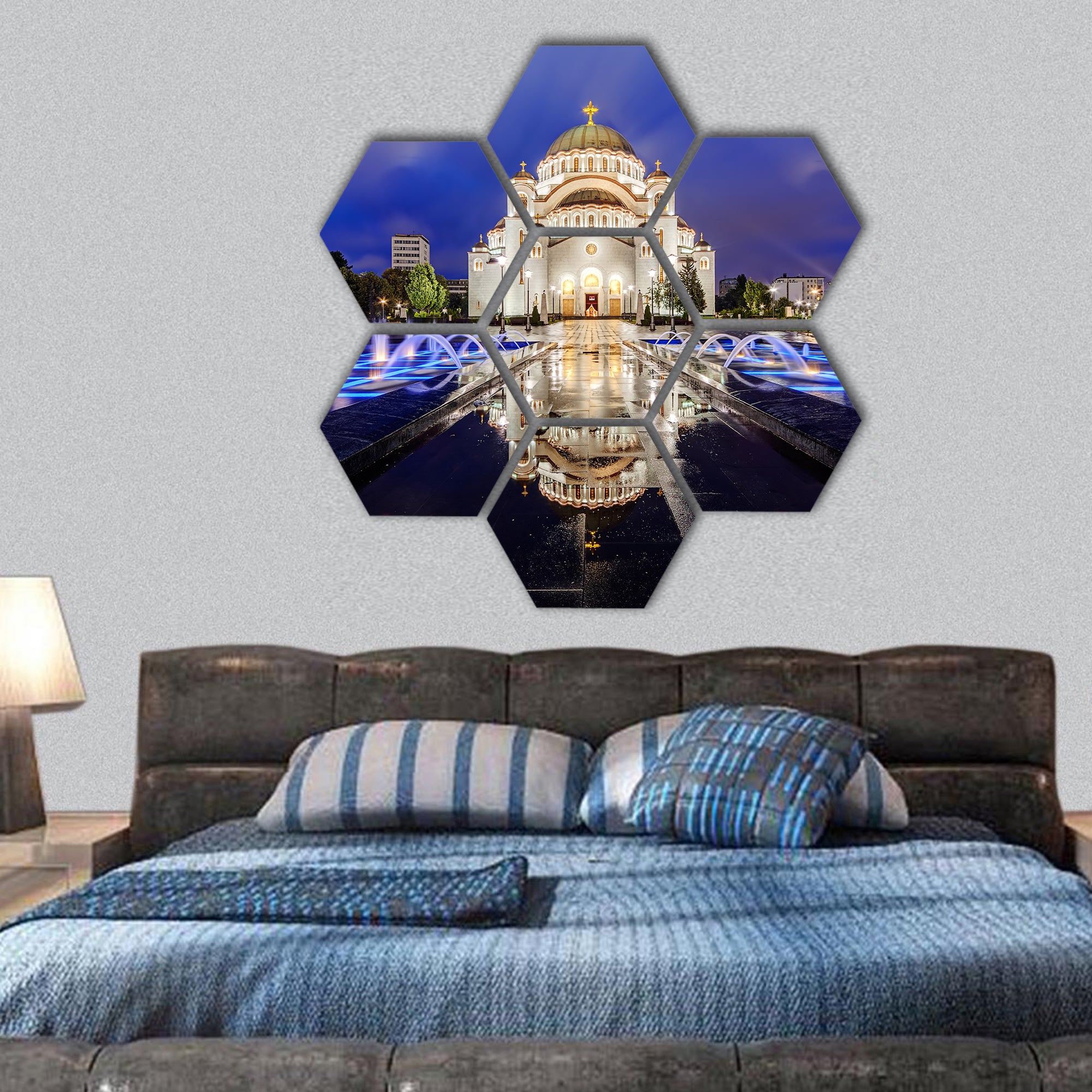 Saint Sava temple with fountain in Belgrade Serbia hexagonal canvas wall art