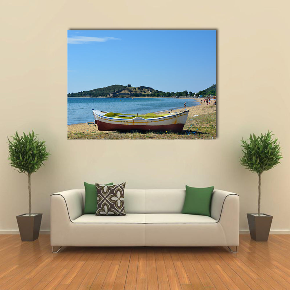 Kavala, An Unidentified People And Boat On Beach Of Neaperamos, Anaktoroupoli, Multi Panel Canvas Wall Art