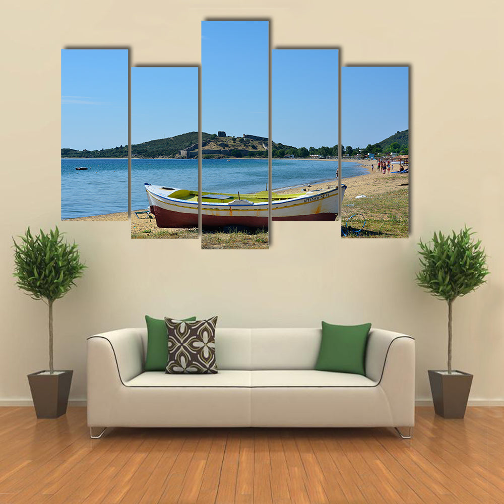 Kavala, An Unidentified People And Boat On Beach Of Neaperamos, Anaktoroupoli, Multi Panel Canvas Wall Art