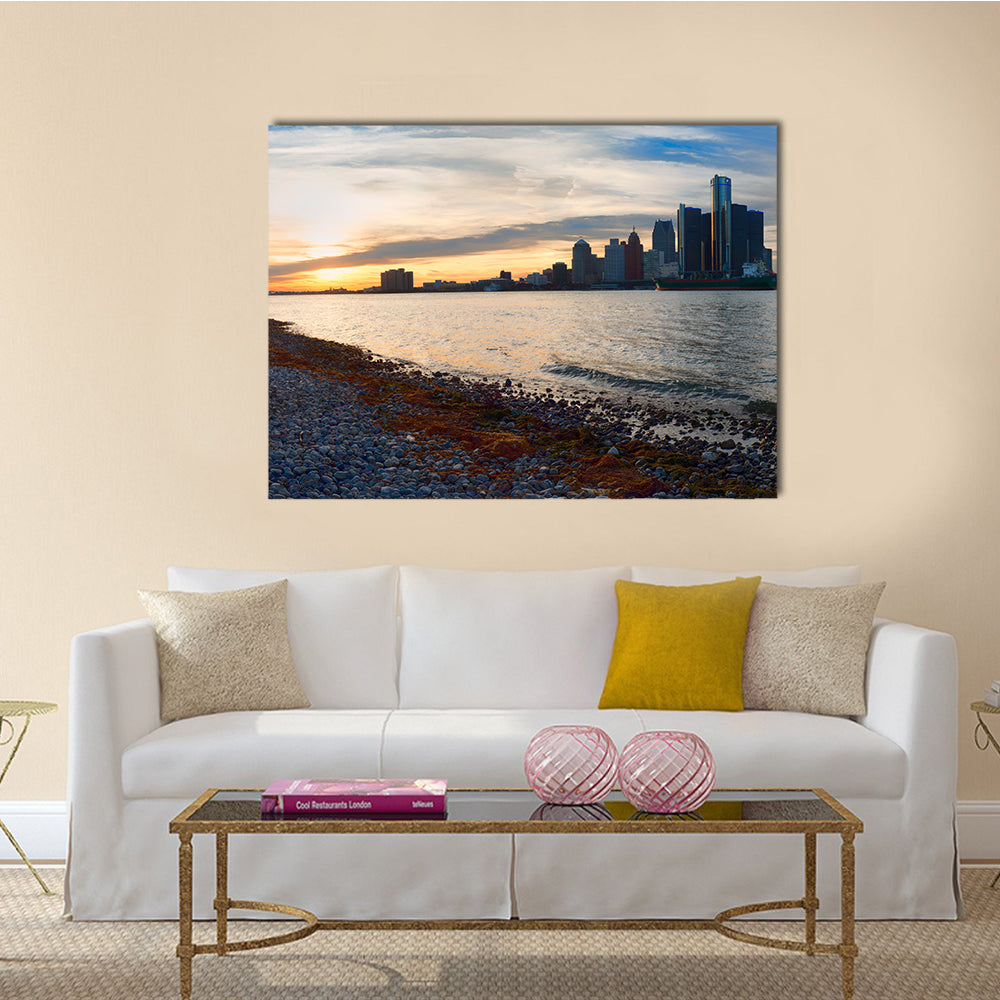 The Detroit City Skyline At Sunset From The Shoreline Multi Panel Canvas Wall Art
