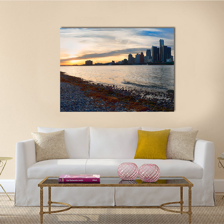 The Detroit City Skyline At Sunset From The Shoreline Multi Panel Canvas Wall Art