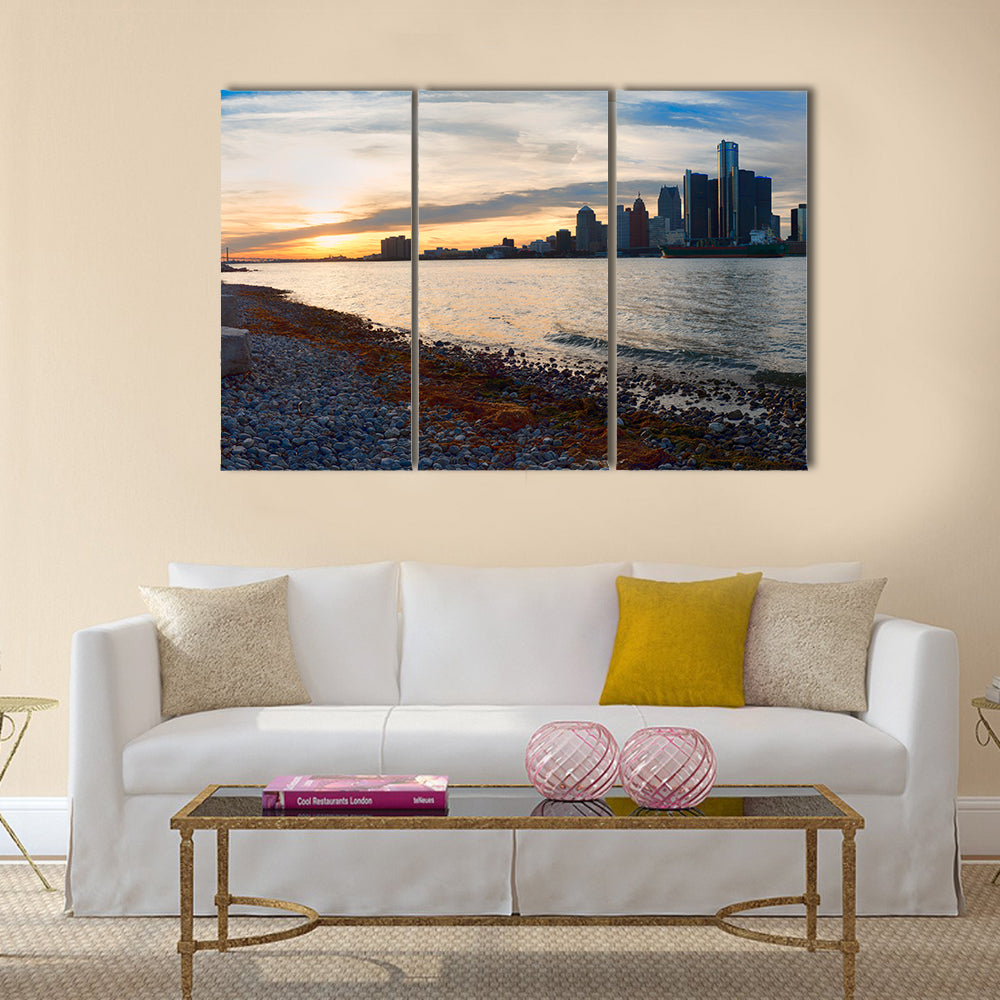 The Detroit City Skyline At Sunset From The Shoreline Multi Panel Canvas Wall Art