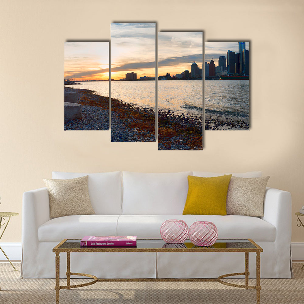 The Detroit City Skyline At Sunset From The Shoreline Multi Panel Canvas Wall Art