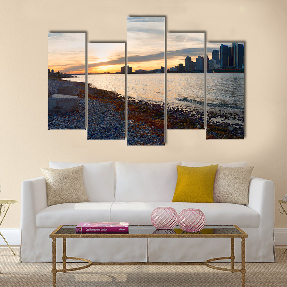The Detroit City Skyline At Sunset From The Shoreline Multi Panel Canvas Wall Art