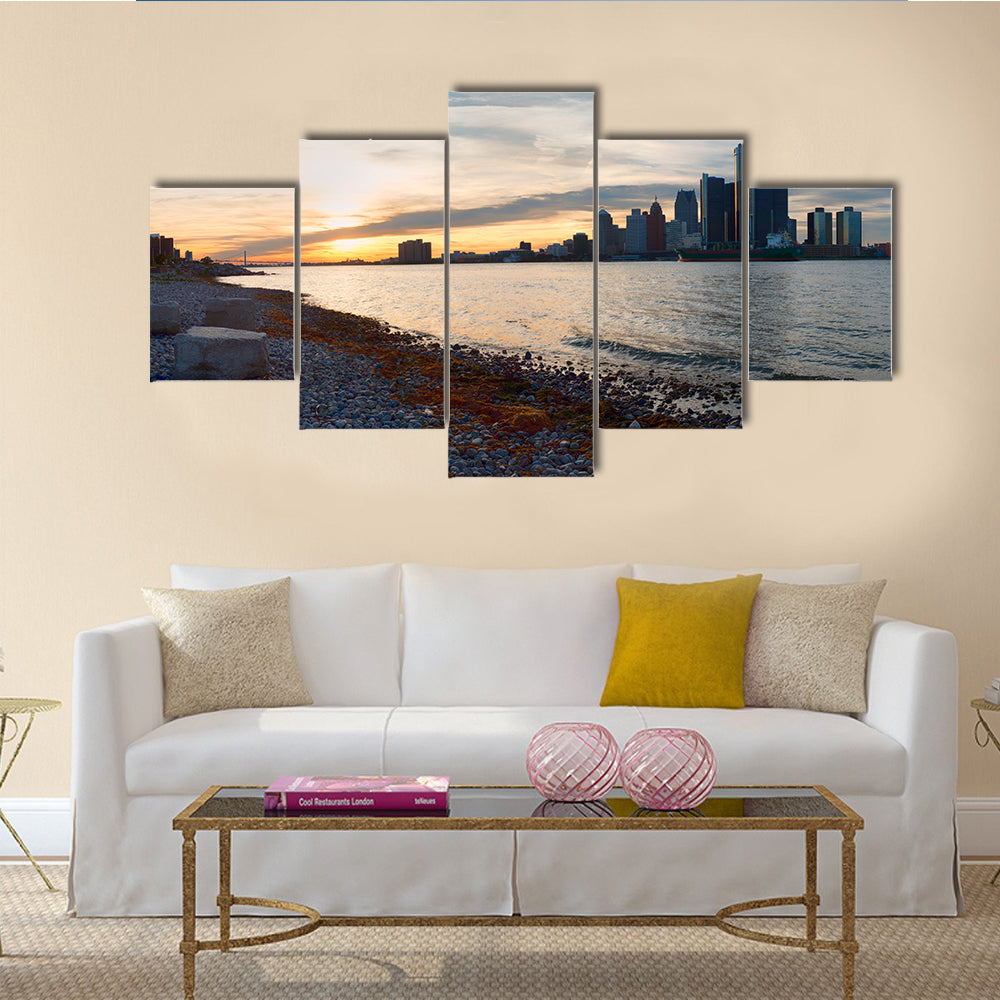 The Detroit City Skyline At Sunset From The Shoreline Multi Panel Canvas Wall Art