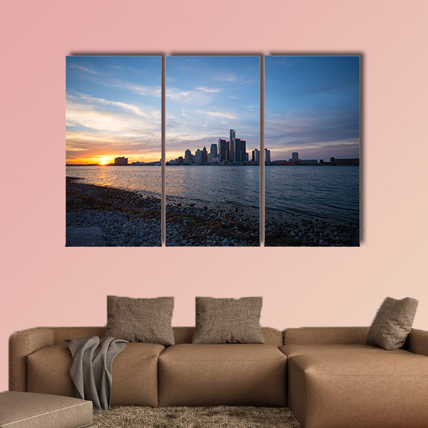 View of Detroit city skyline at sunset from the shore of the river wall art.