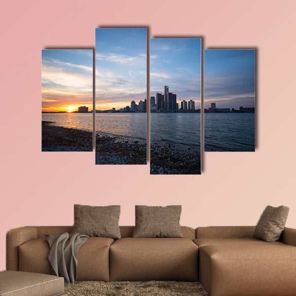 View of Detroit city skyline at sunset from the shore of the river wall art.