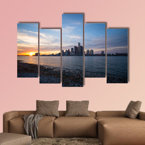 View of Detroit city skyline at sunset from the shore of the river wall art.