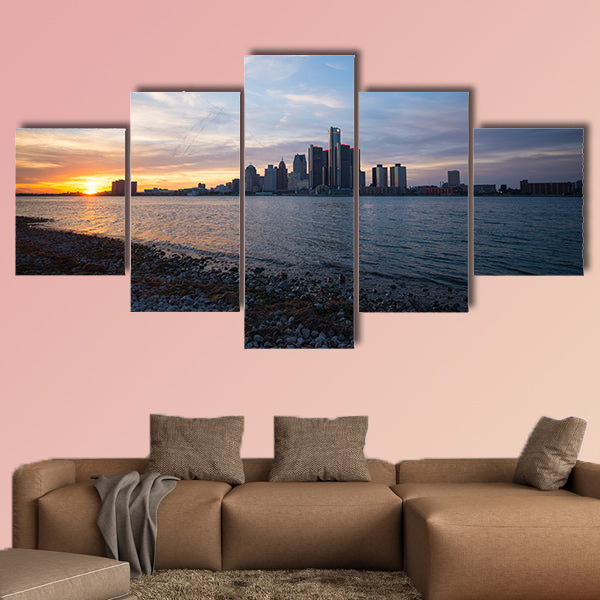 View of Detroit city skyline at sunset from the shore of the river wall art.