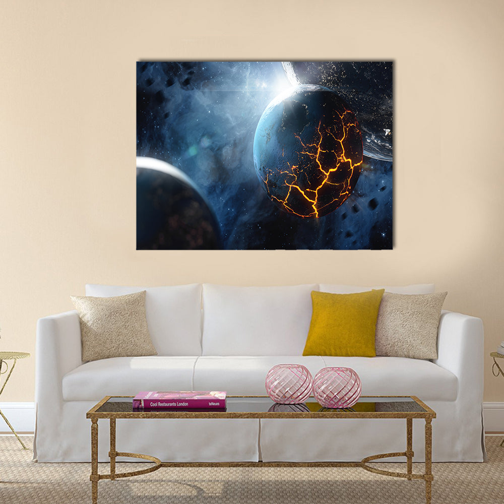 Abstract planet with huge cracks with lava in space Multi Panel Canvas Wall Art