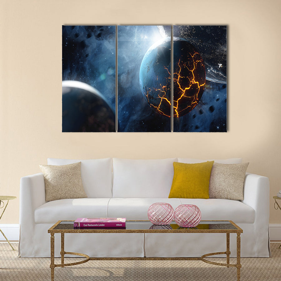 Abstract planet with huge cracks with lava in space Multi Panel Canvas Wall Art