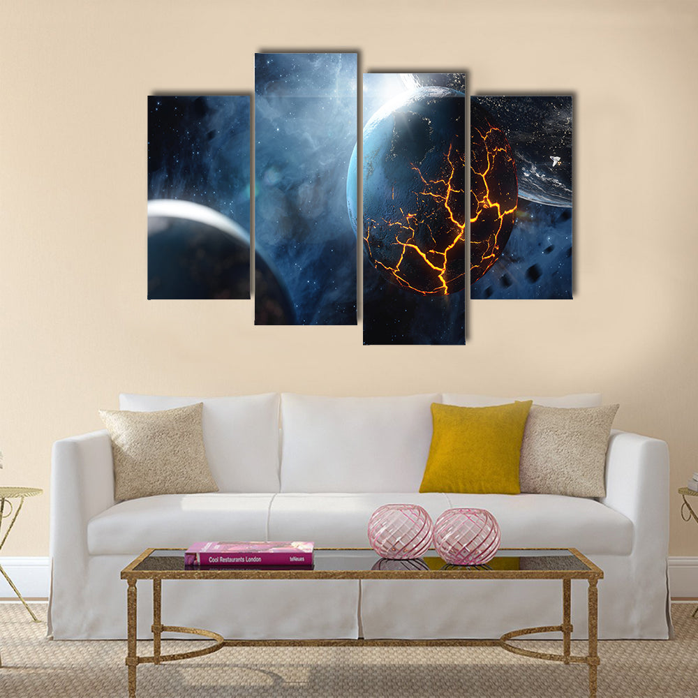 Abstract planet with huge cracks with lava in space Multi Panel Canvas Wall Art