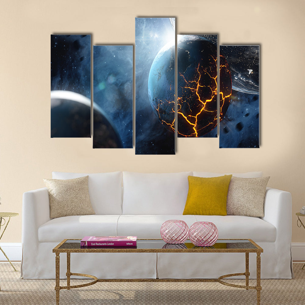Abstract planet with huge cracks with lava in space Multi Panel Canvas Wall Art