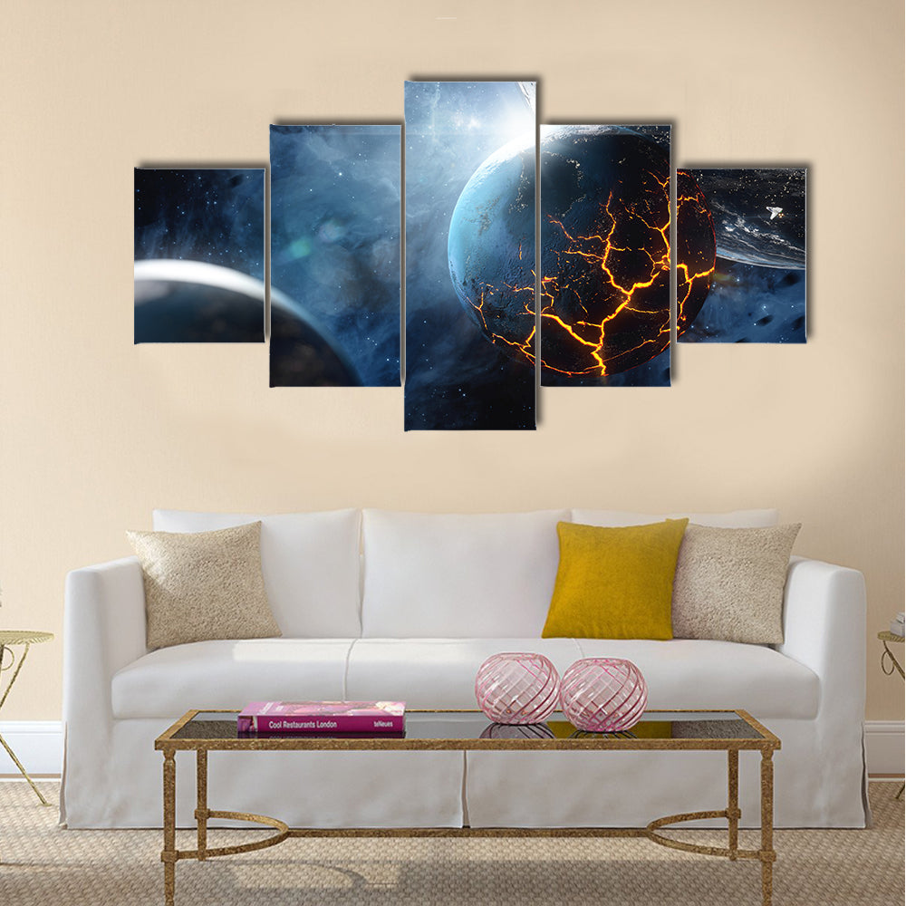 Abstract planet with huge cracks with lava in space Multi Panel Canvas Wall Art