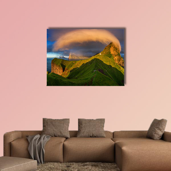 Kalsoy Island and Kallur lighthouse in sunset light, Faroe wall art