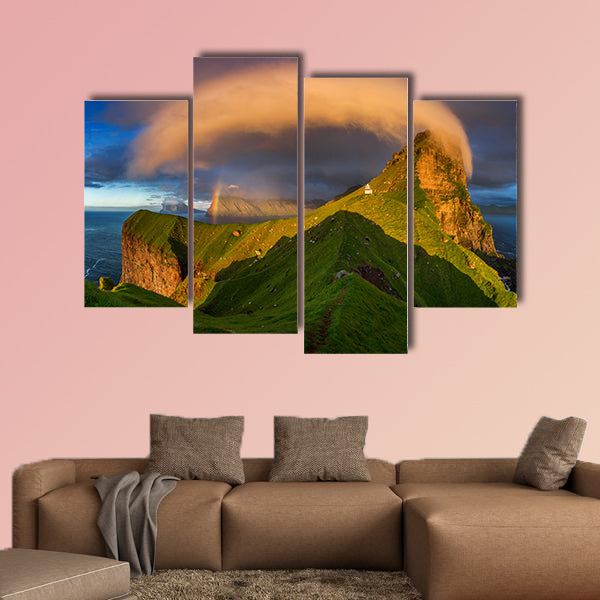 Kalsoy Island and Kallur lighthouse in sunset light, Faroe wall art