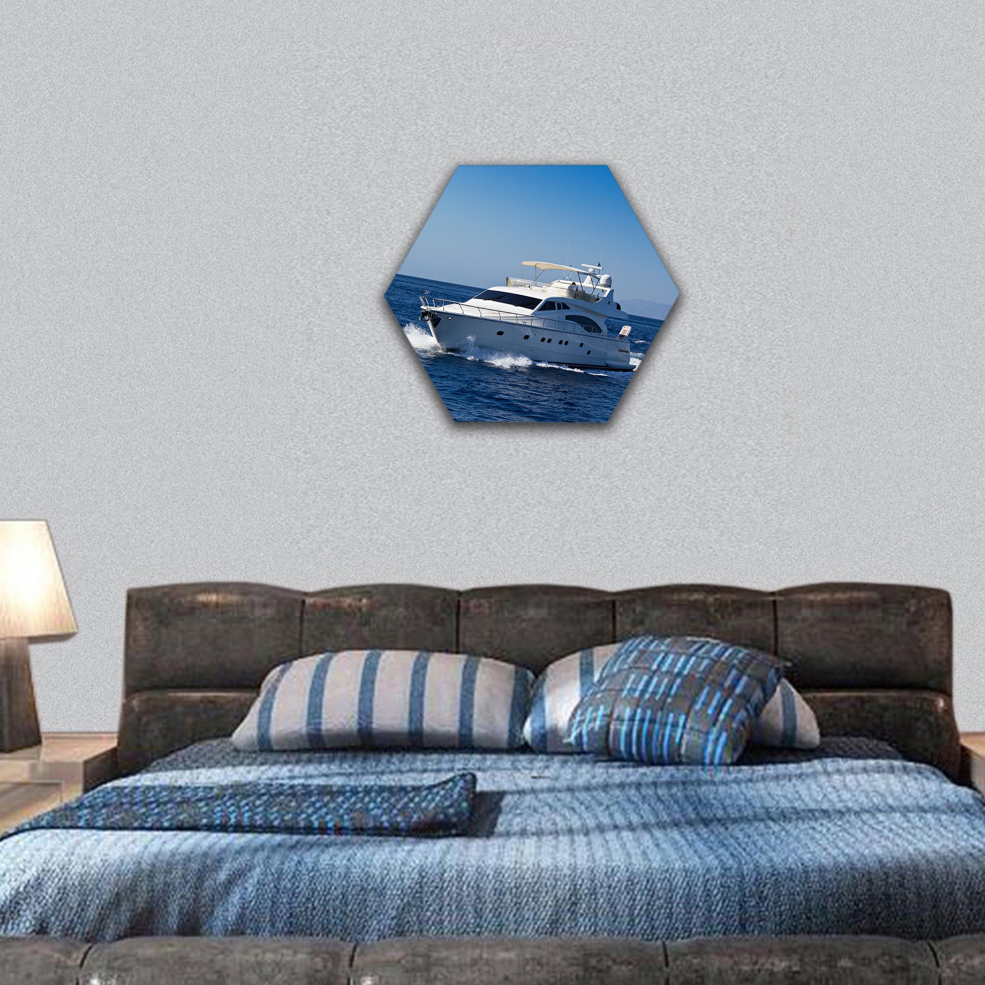 Boat in deep blue water, Santorini, Greece, Europe hexagonal canvas wall art
