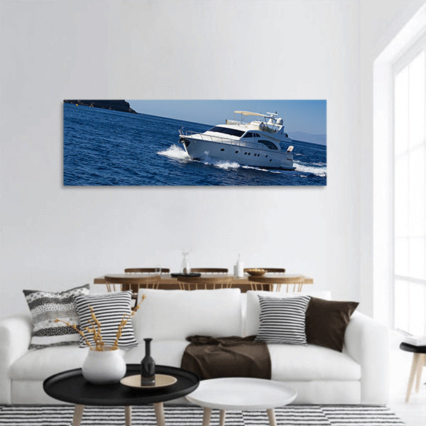 Boat in deep blue water, Santorini, Greece, Europe panoramic canvas wall art