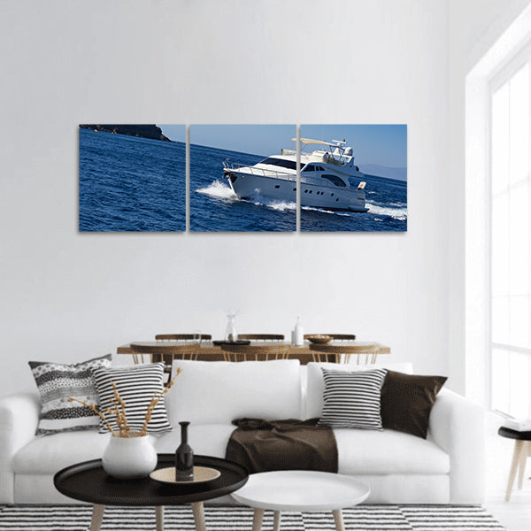 Boat in deep blue water, Santorini, Greece, Europe panoramic canvas wall art