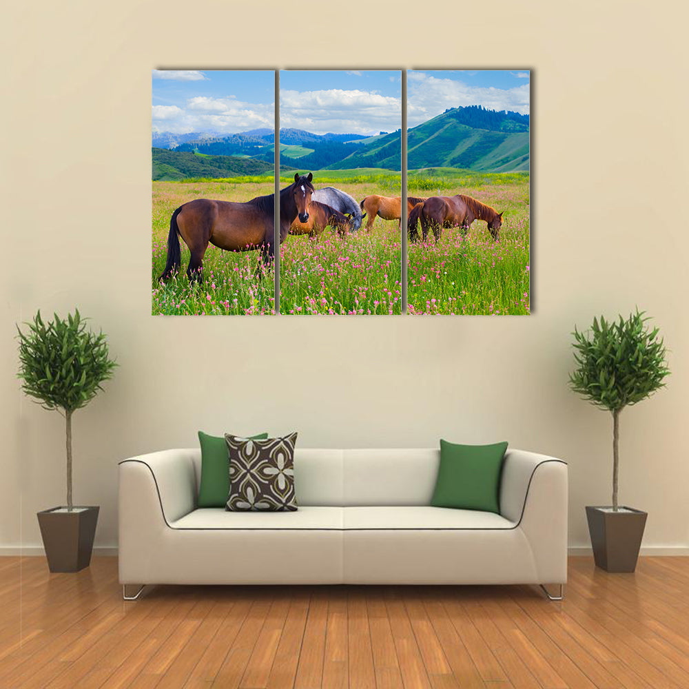 The herd of horses is grazed on a summer green meadow multi panel canvas wall art