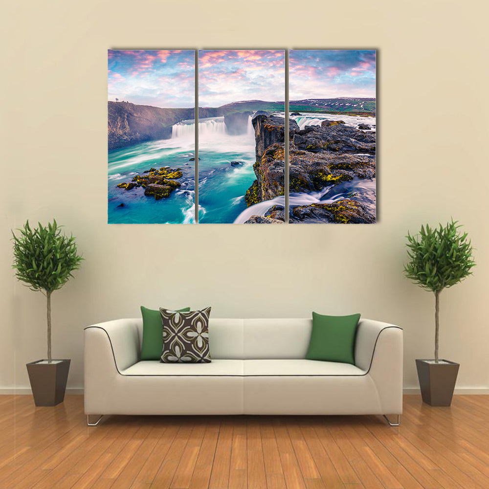 Summer morning scene on the Godafoss Waterfall multi panel canvas wall art