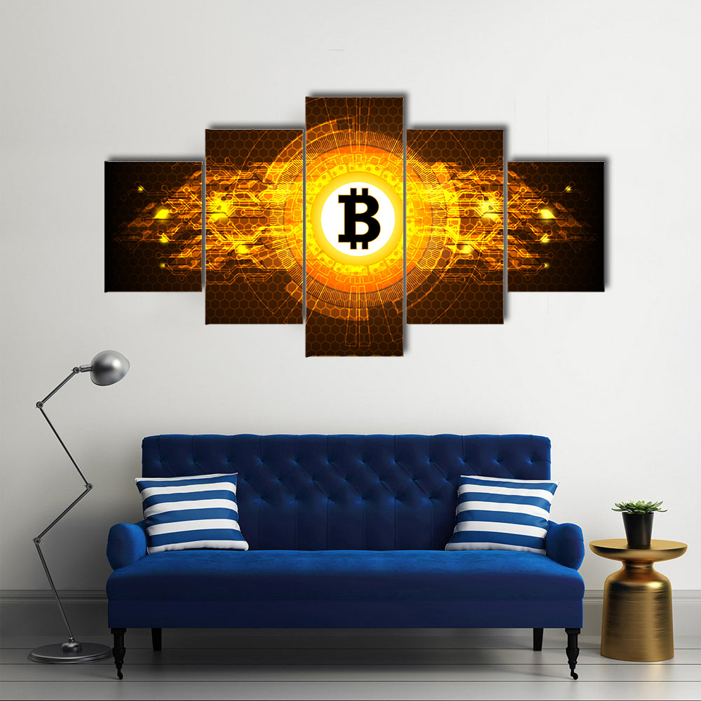 Bitcoin digital currency, futuristic digital money, technology worldwide network concept multi panel canvas wall art