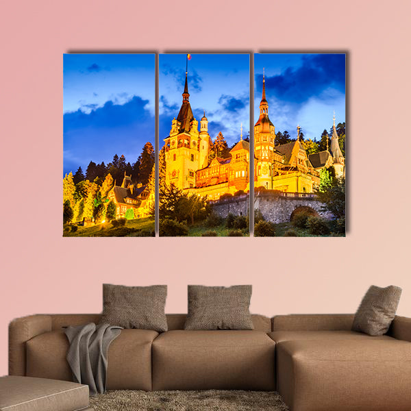 Idyllic landscape with Peles Castle built by Kings of Romania multi panel canvas wall art