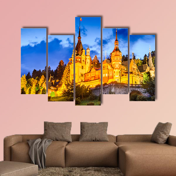 Idyllic landscape with Peles Castle built by Kings of Romania multi panel canvas wall art