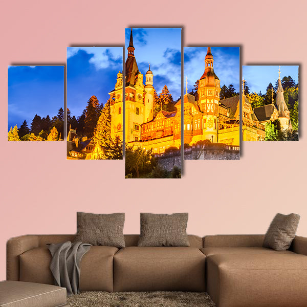 Idyllic landscape with Peles Castle built by Kings of Romania multi panel canvas wall art