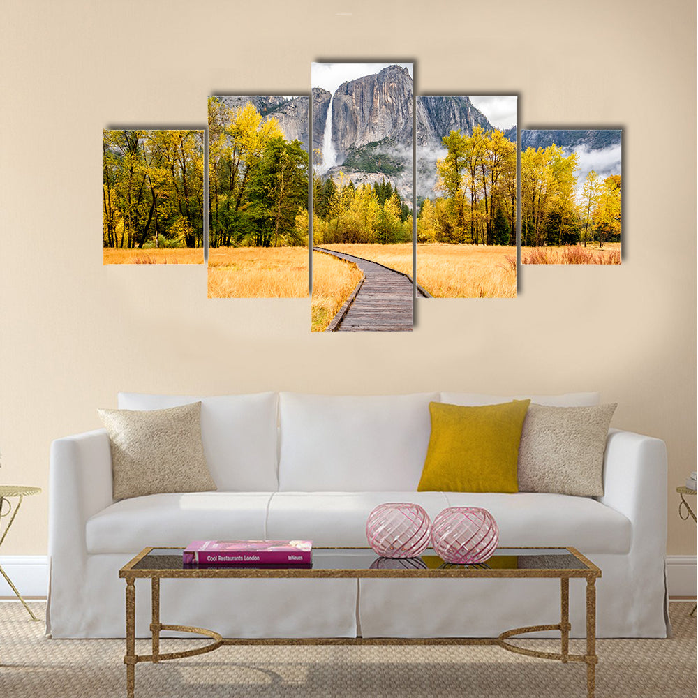 Meadow with boardwalk in Yosemite National Park  multi panel canvas wall art