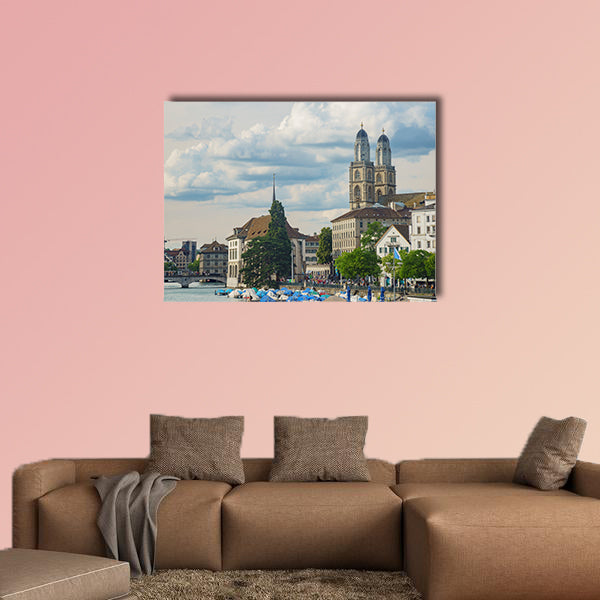 Afternoon cityscape with Great Minster, Limmat River of the historical canvas wall art