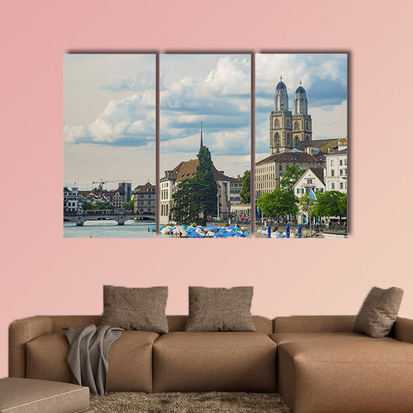 Afternoon cityscape with Great Minster, Limmat River of the historical canvas wall art