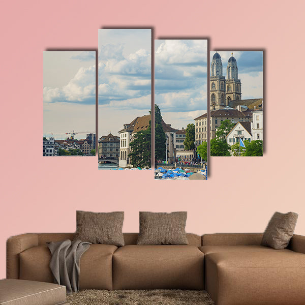 Afternoon cityscape with Great Minster, Limmat River of the historical canvas wall art