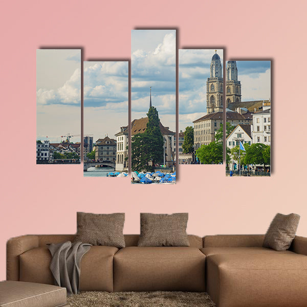 Afternoon cityscape with Great Minster, Limmat River of the historical canvas wall art