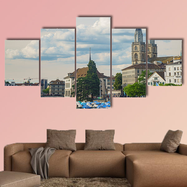 Afternoon cityscape with Great Minster, Limmat River of the historical canvas wall art