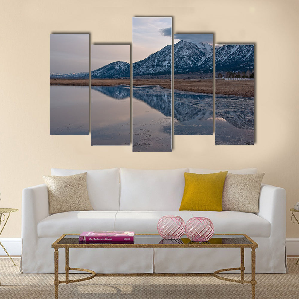 A reflection of Jobs Peak at sunset from Carson Valley, Nevada multi panel canvas wall art