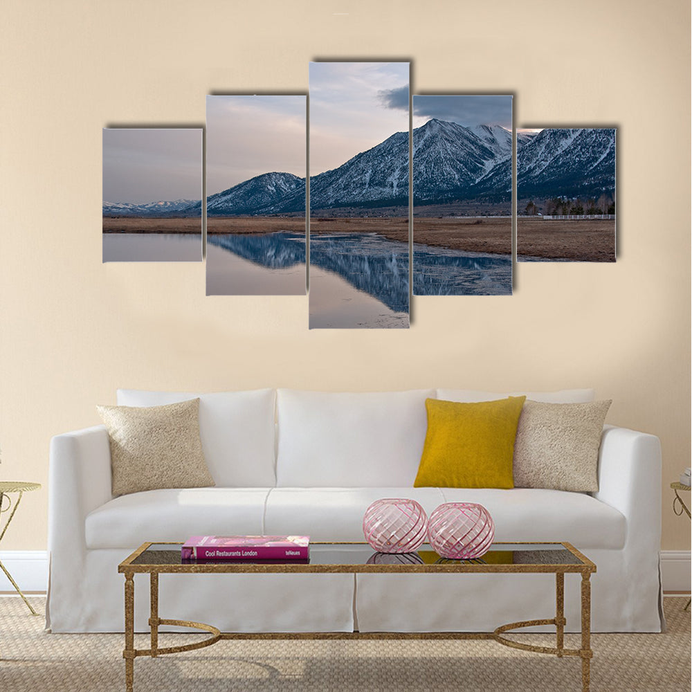 A reflection of Jobs Peak at sunset from Carson Valley, Nevada multi panel canvas wall art