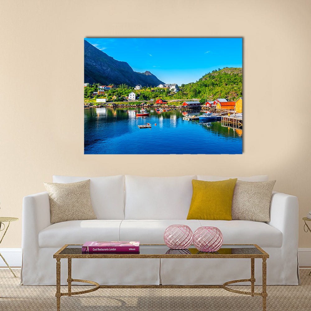 Moskenes fishing village in Lofoten Islands and Moskenes Church multi panel canvas wall art