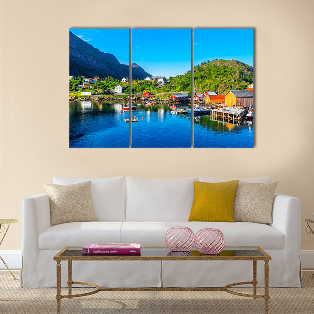 Moskenes fishing village in Lofoten Islands and Moskenes Church multi panel canvas wall art