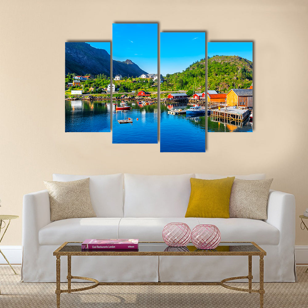 Moskenes fishing village in Lofoten Islands and Moskenes Church multi panel canvas wall art