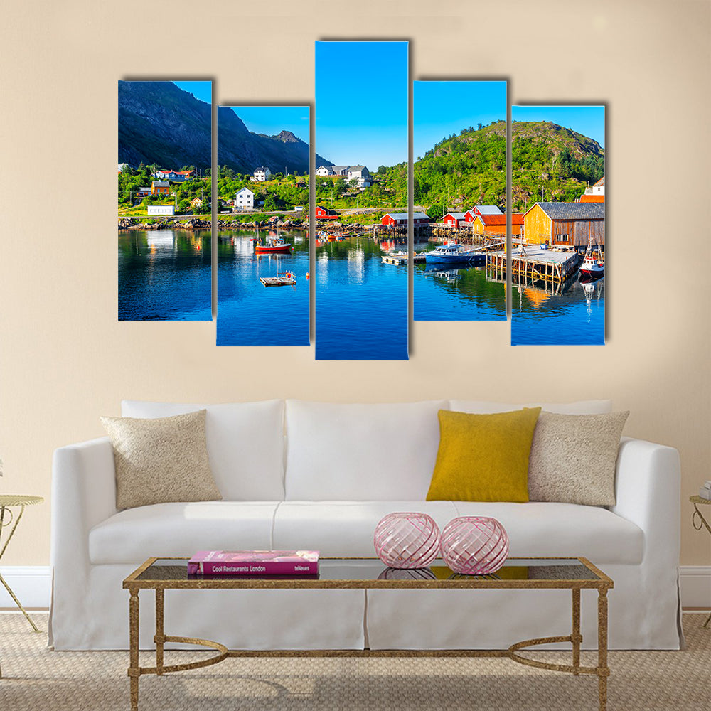 Moskenes fishing village in Lofoten Islands and Moskenes Church multi panel canvas wall art