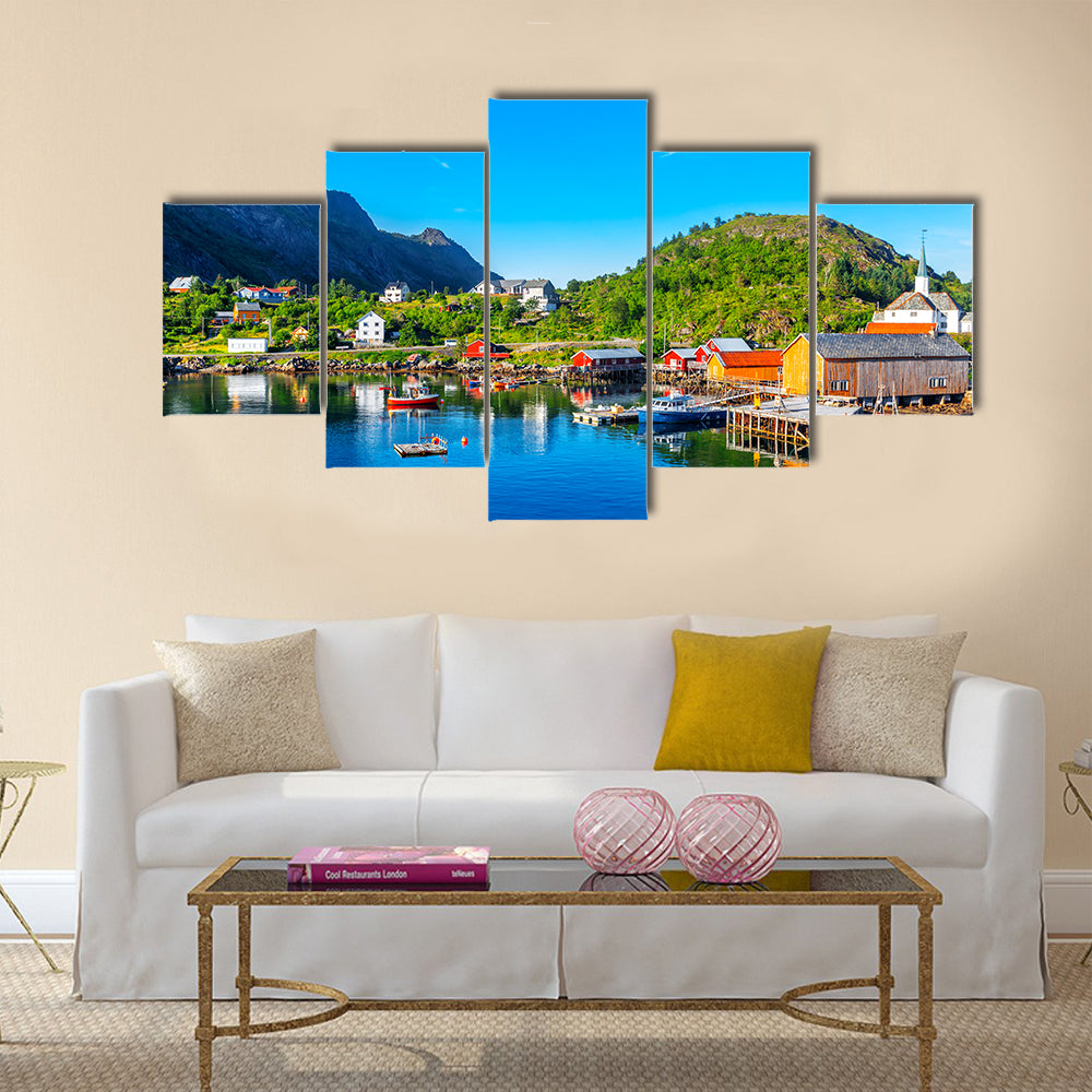Moskenes fishing village in Lofoten Islands and Moskenes Church multi panel canvas wall art