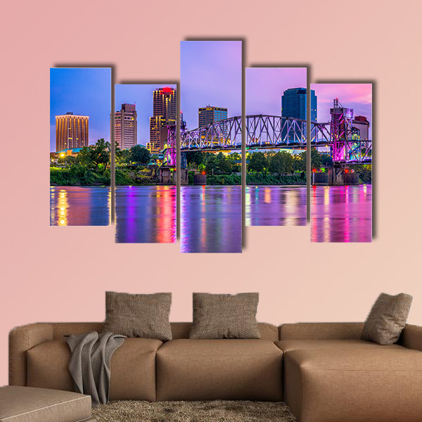 Little Rock, Arkansas, USA downtown skyline on the Arkansas River multi panel canvas wall art