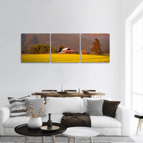 Rapeseed farm and barn in evening sun light Panoramic Canvas Wall Art
