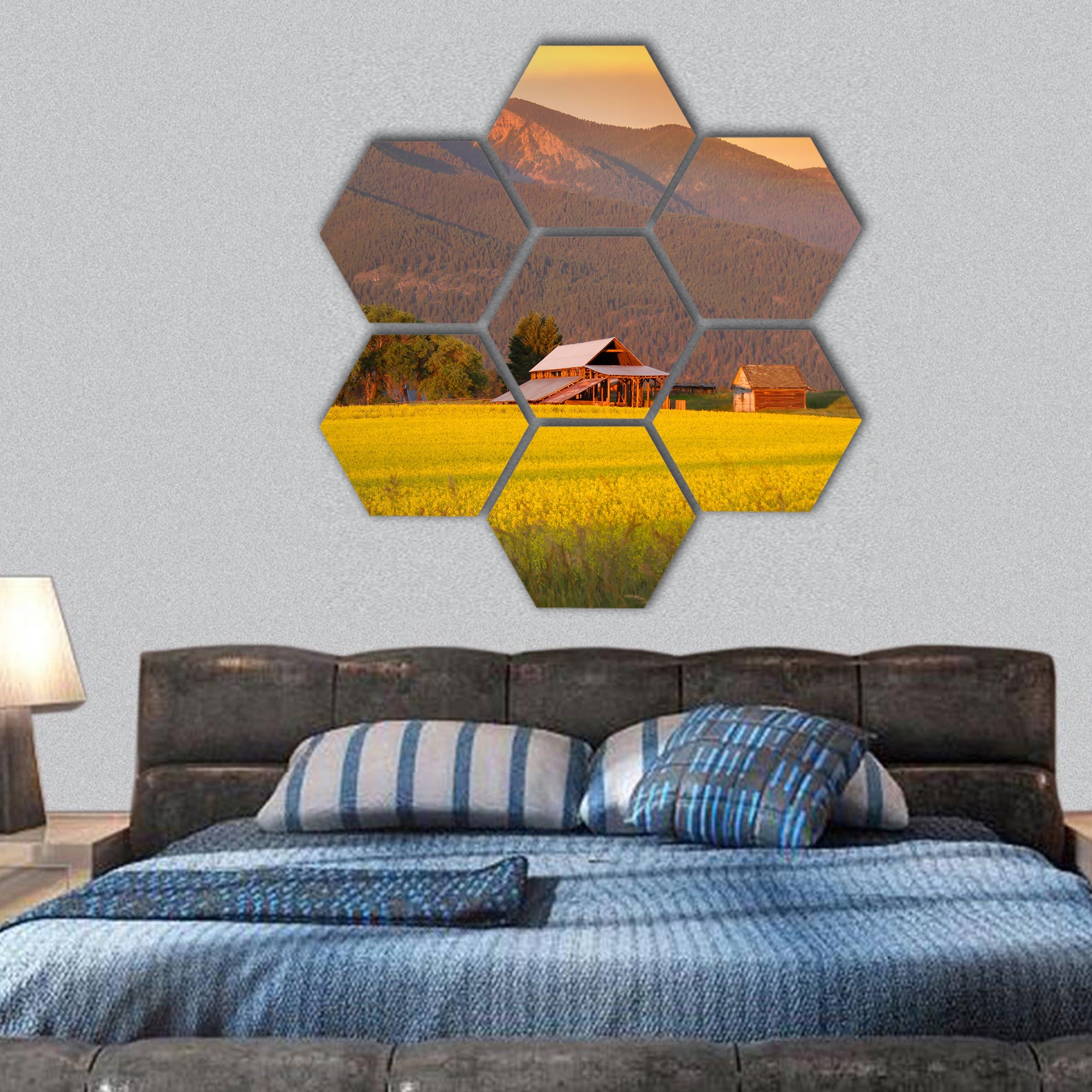 Rapeseed farm and barn in evening sun light hexagonal canvas wall art