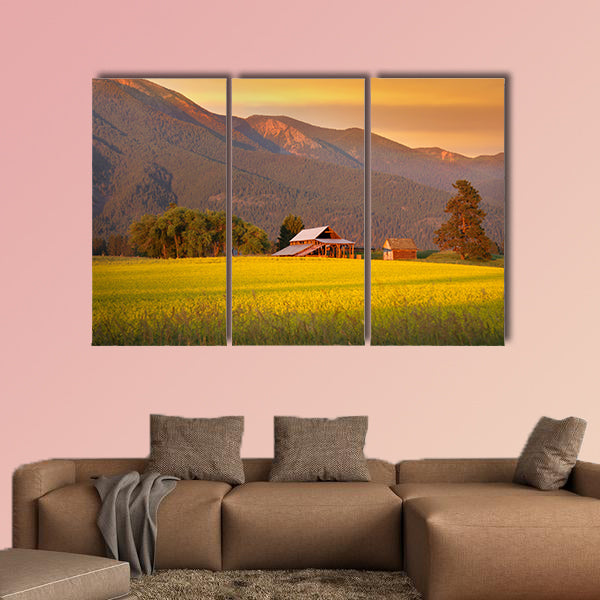 Rapeseed farm and barn in evening sun light Multi panel canvas wall art