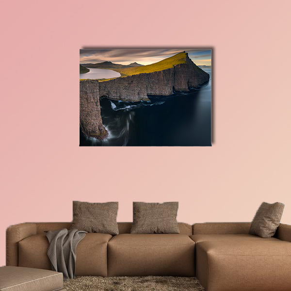 Sorvagsvatn lake on cliffs of Vagar island in sunset, Faroe Islands wall art