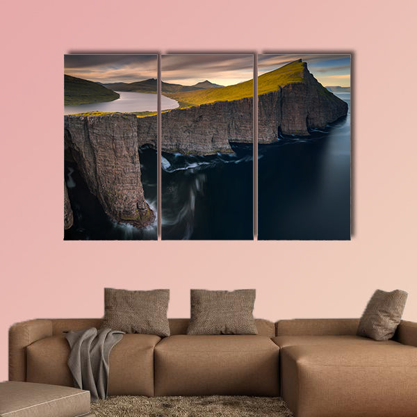 Sorvagsvatn lake on cliffs of Vagar island in sunset, Faroe Islands wall art