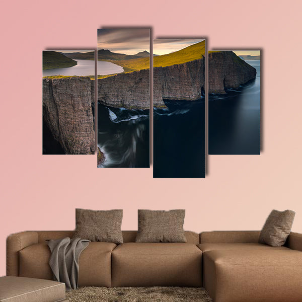 Sorvagsvatn lake on cliffs of Vagar island in sunset, Faroe Islands wall art