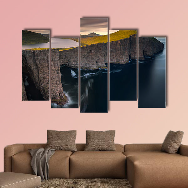 Sorvagsvatn lake on cliffs of Vagar island in sunset, Faroe Islands wall art
